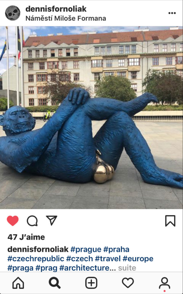 Instagram Posts of the Blue Gorila Sculpture by Denis Defrancesco