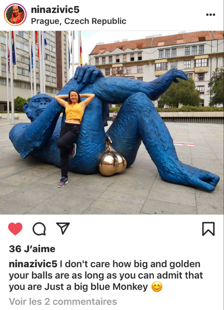 Instagram Posts of the Blue Gorila Sculpture by Denis Defrancesco